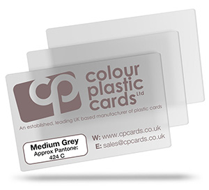 Medium grey - Approx Pantone: 424C - Note: Important wording printed with grey ink on a frosted plastic card may be hard to read