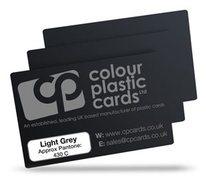 Light grey - Approx Pantone: 430C - Note: Important wording printed with grey ink on a frosted plastic card may be hard to read